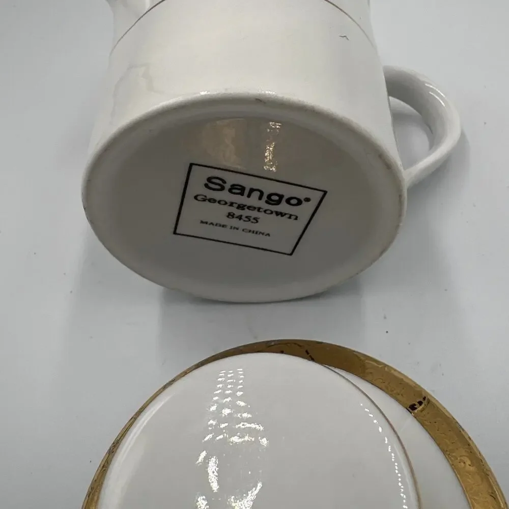 Vintage Sango Porcelain Creamer w/ Lid Georgetown 8455 Gold & White